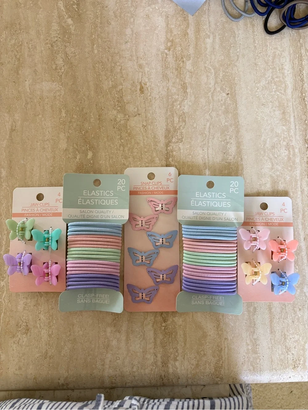 Set of 5 Butterfly Snap Clips & Matching Hair Elastics Set - Pastel Colors